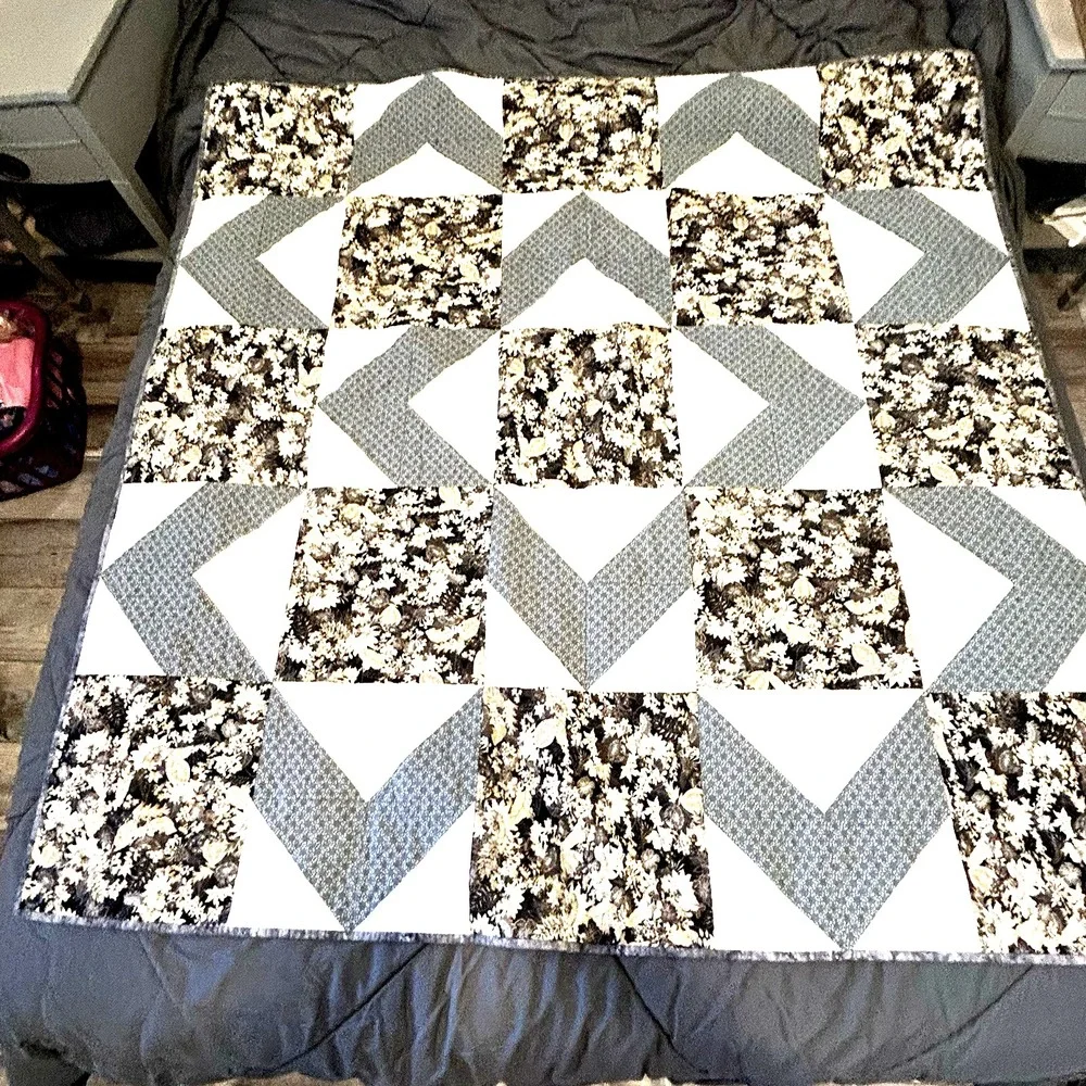 Handmade Quilt 45x45 Gray Black Floral Patchwork Lap Blanket Faith Church Script